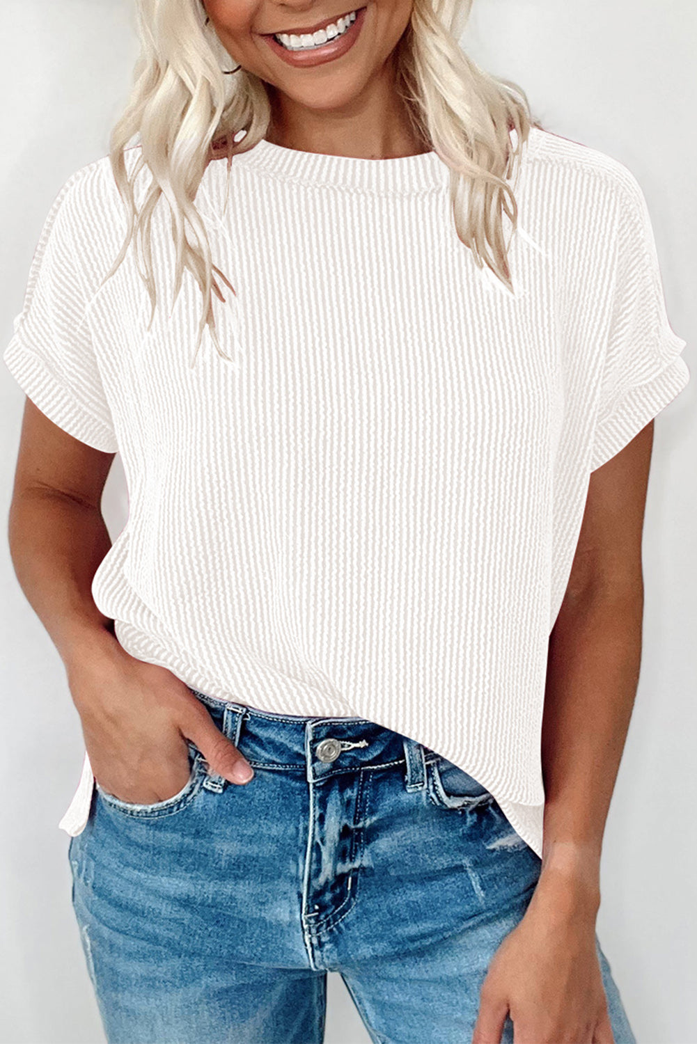 White Crinkle Rib Textured Knit Round Neck T Shirt