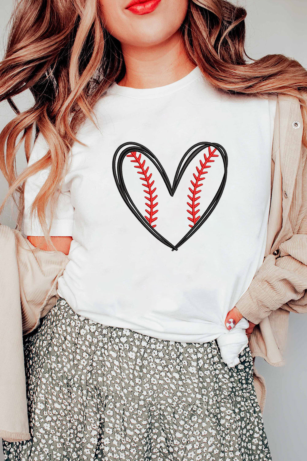 White Game Day Heart Shape Embroidery Graphic Tee