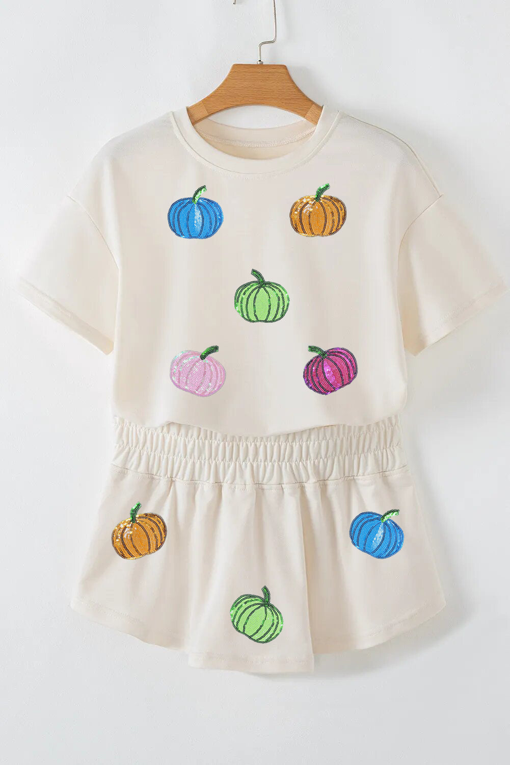 Beige Sequin Pumpkin Cropped Tee Loose 2pcs Skort Set