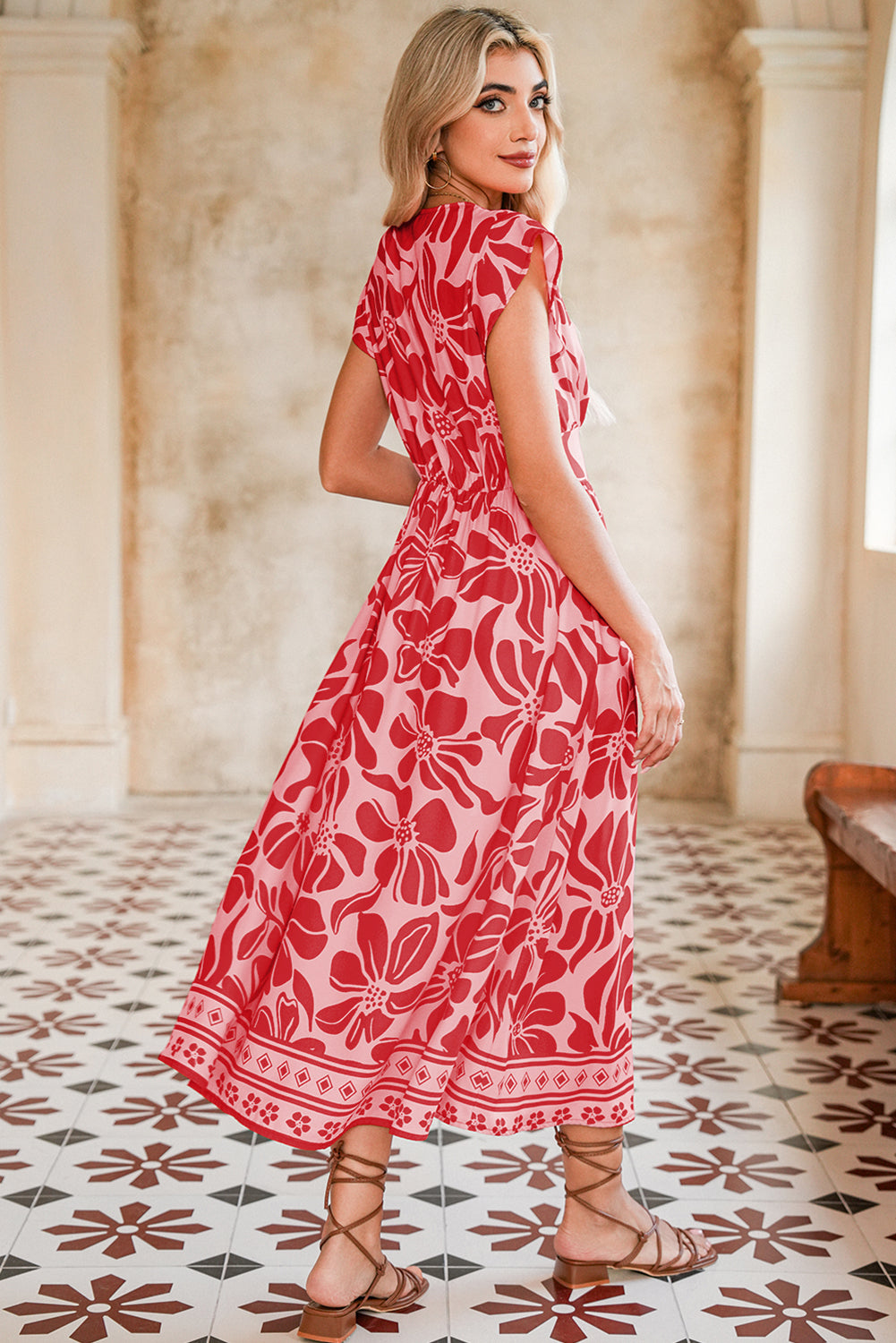 Red Boho Floral V-Neck Ruffle Shoulder Maxi Dress