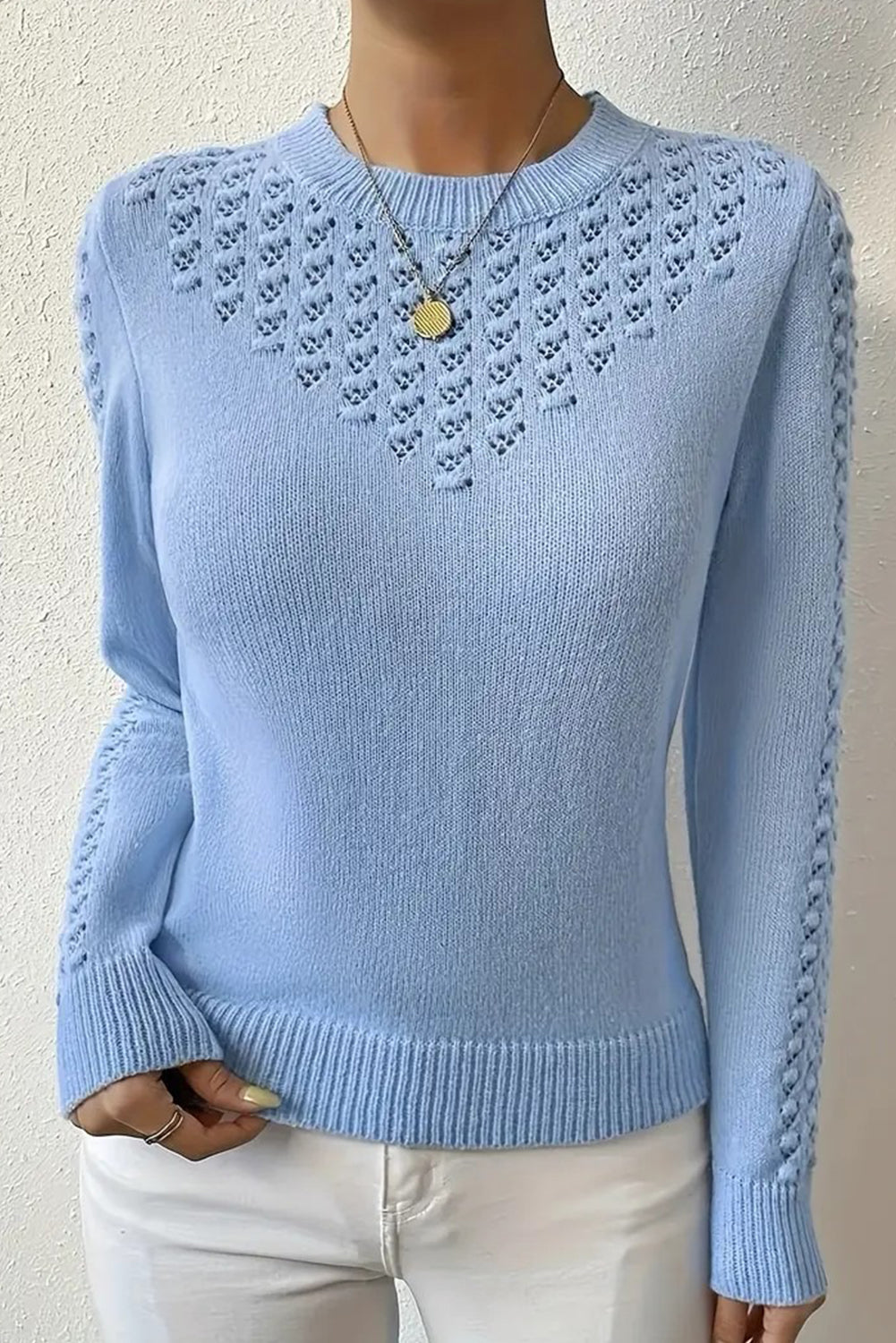 Sky Blue Hollow Out Round Neck Long Sleeve Sweater
