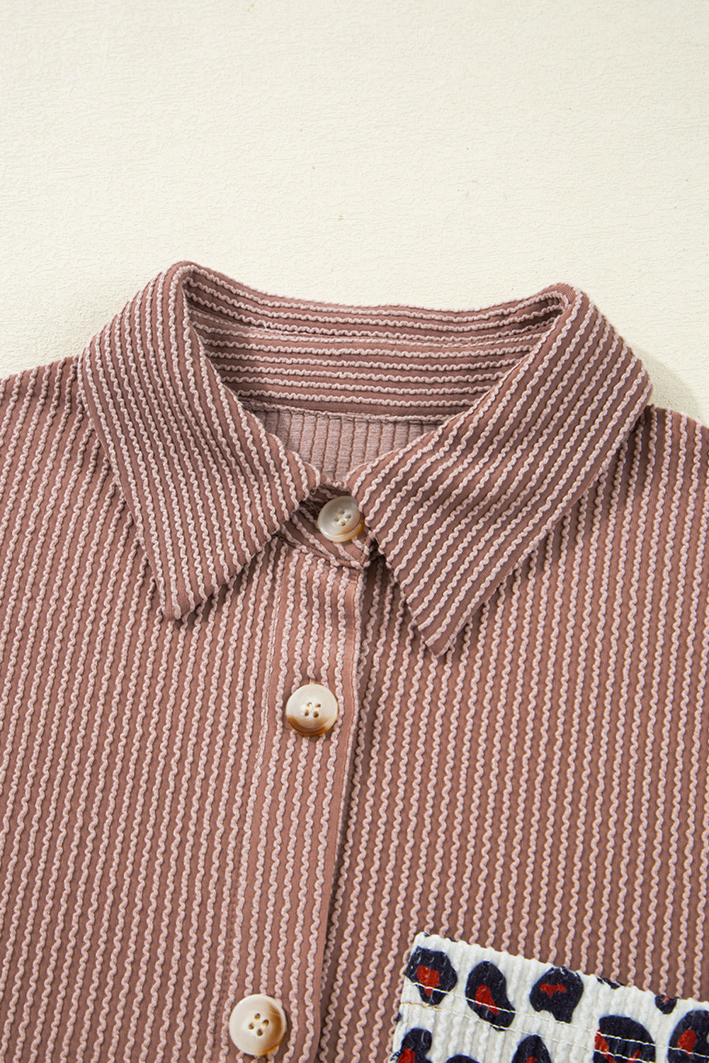 Dark Khaki Leopard Patchwork Twisted Ribbed Casual Shacket