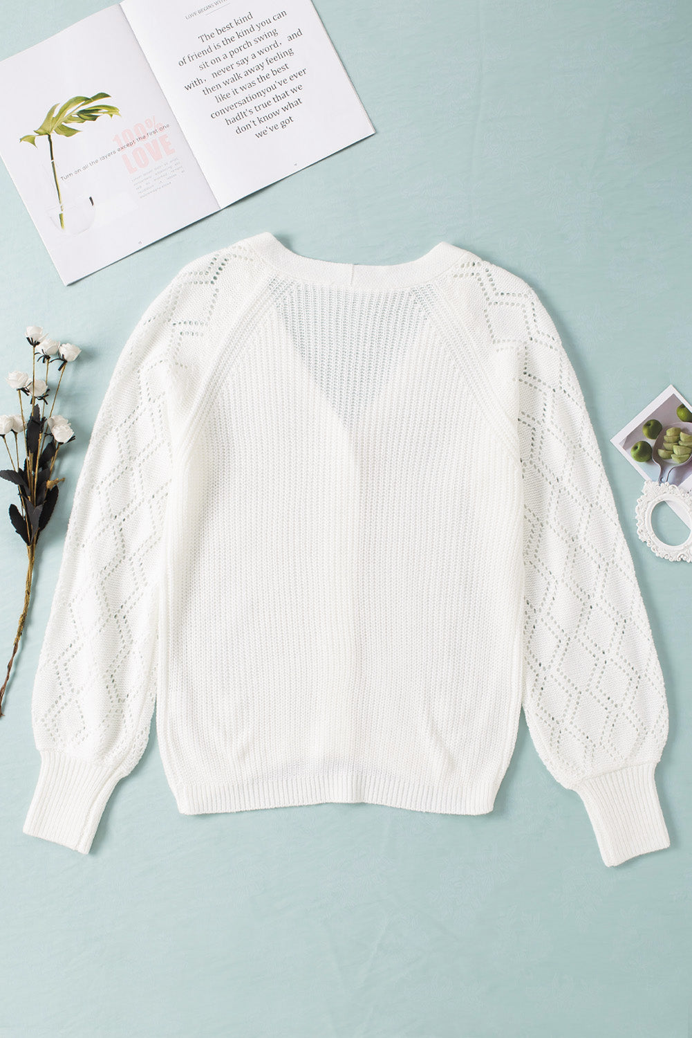 White V Neck Button Bishop Sleeve Knit Cardigan