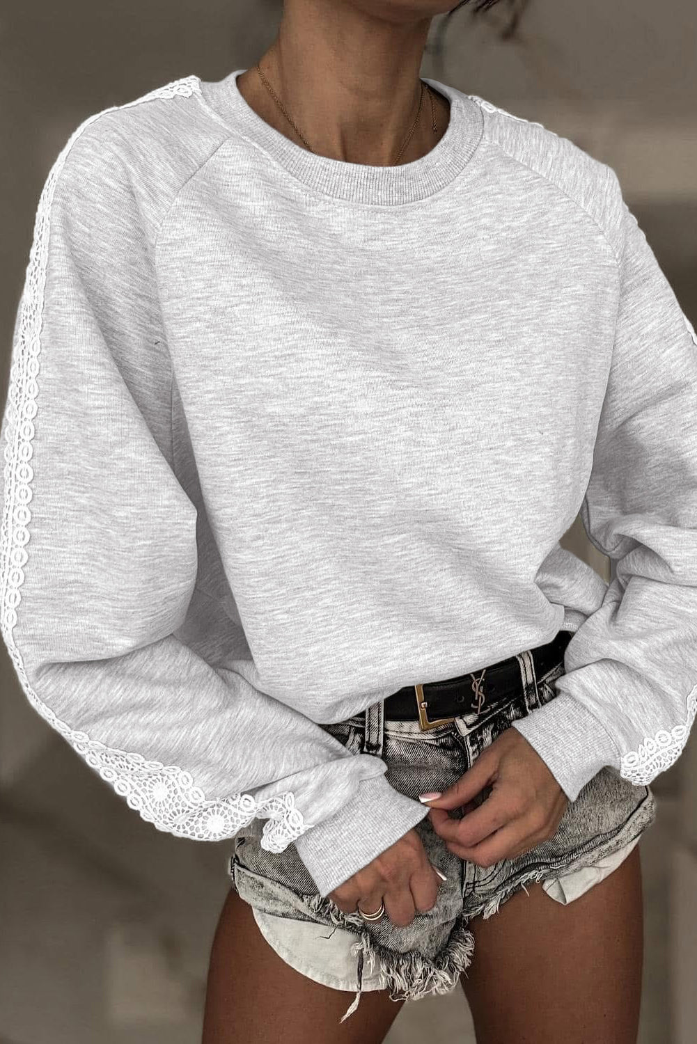 Light Grey Lace Applique Raglan Sleeve Crew Neck Sweatshirt