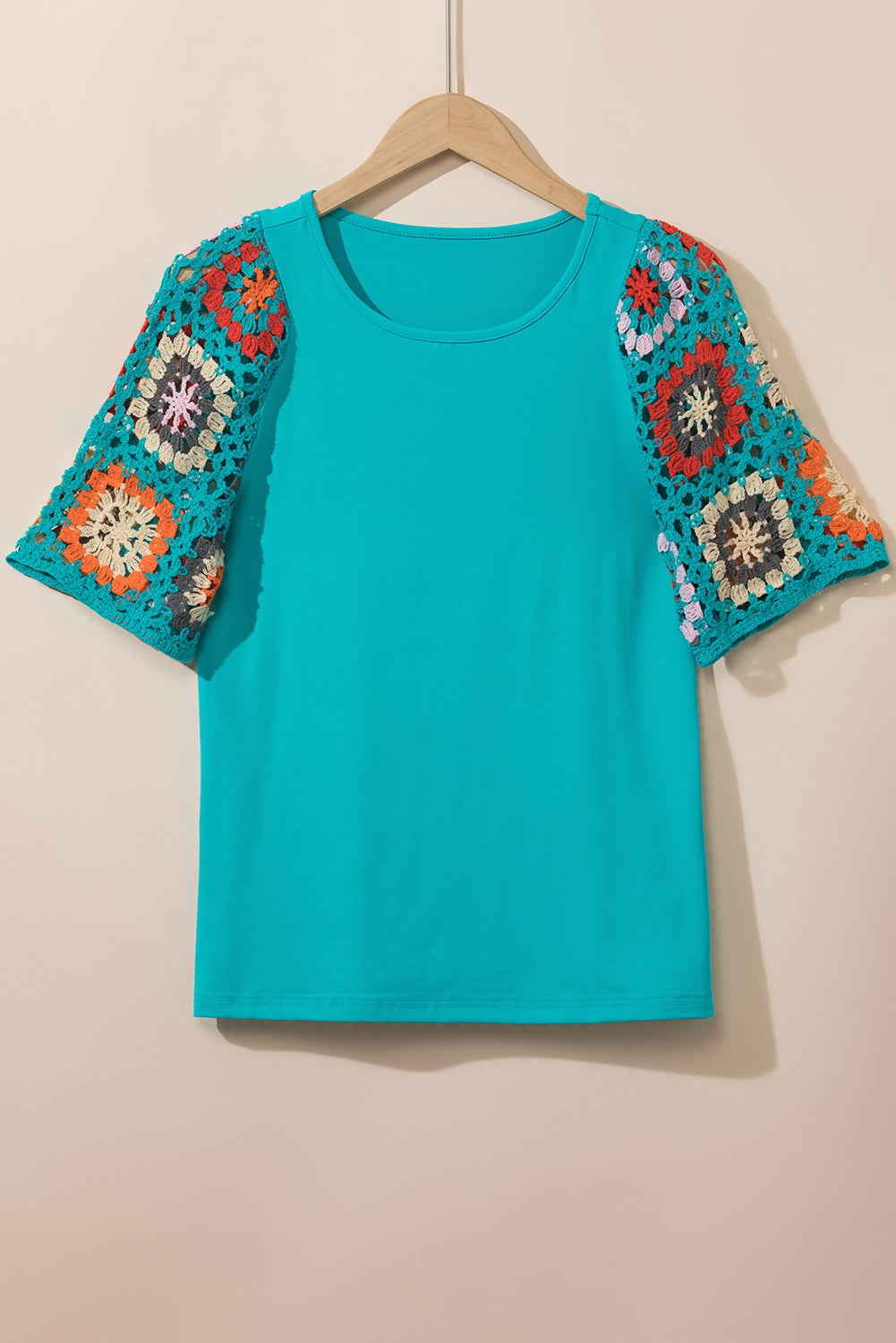 Turquoise Boho Hollowed Floral Crochet Sleeve T Shirt