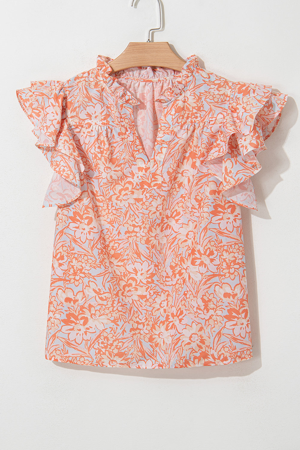 Orange Floral Ruffle Sleeve Split Neck Blouse