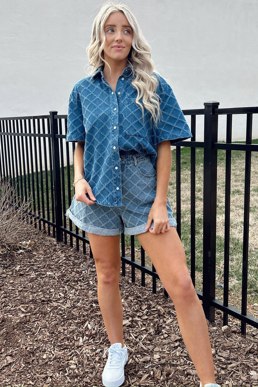 Dusk Blue Checkered Textured Short Sleeve Pocket Denim Shirt