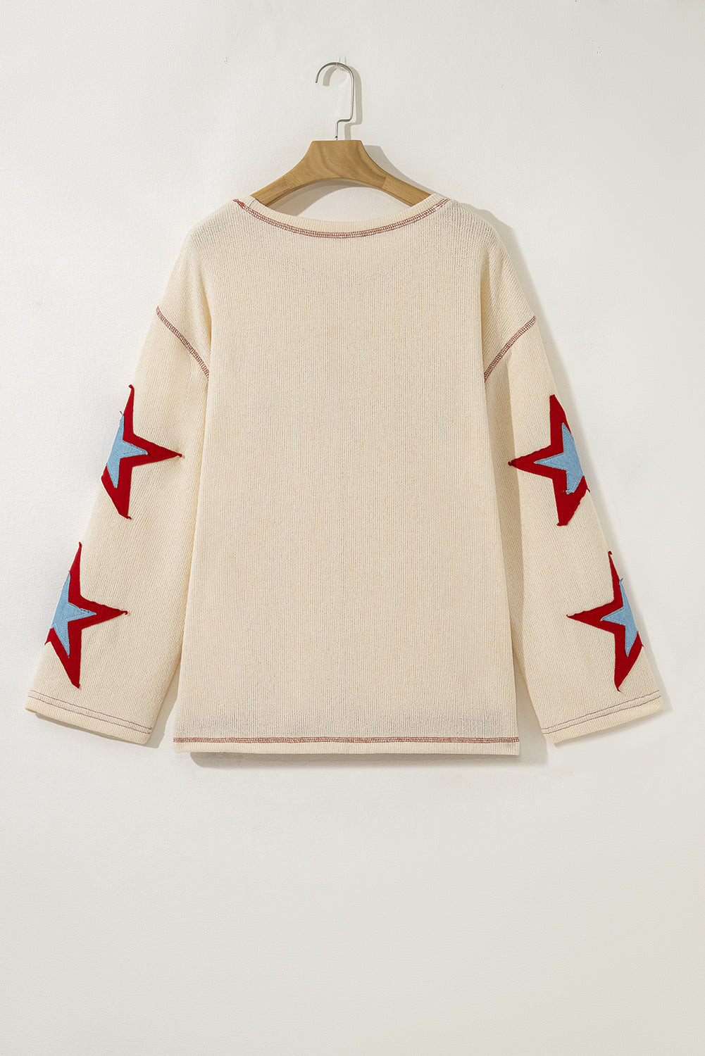 Beige USA Star Patchwork Exposed Seam Long Sleeve Top