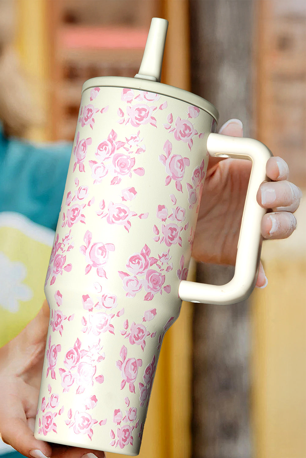 White Flower Print Handle Insulated Large Tumbler