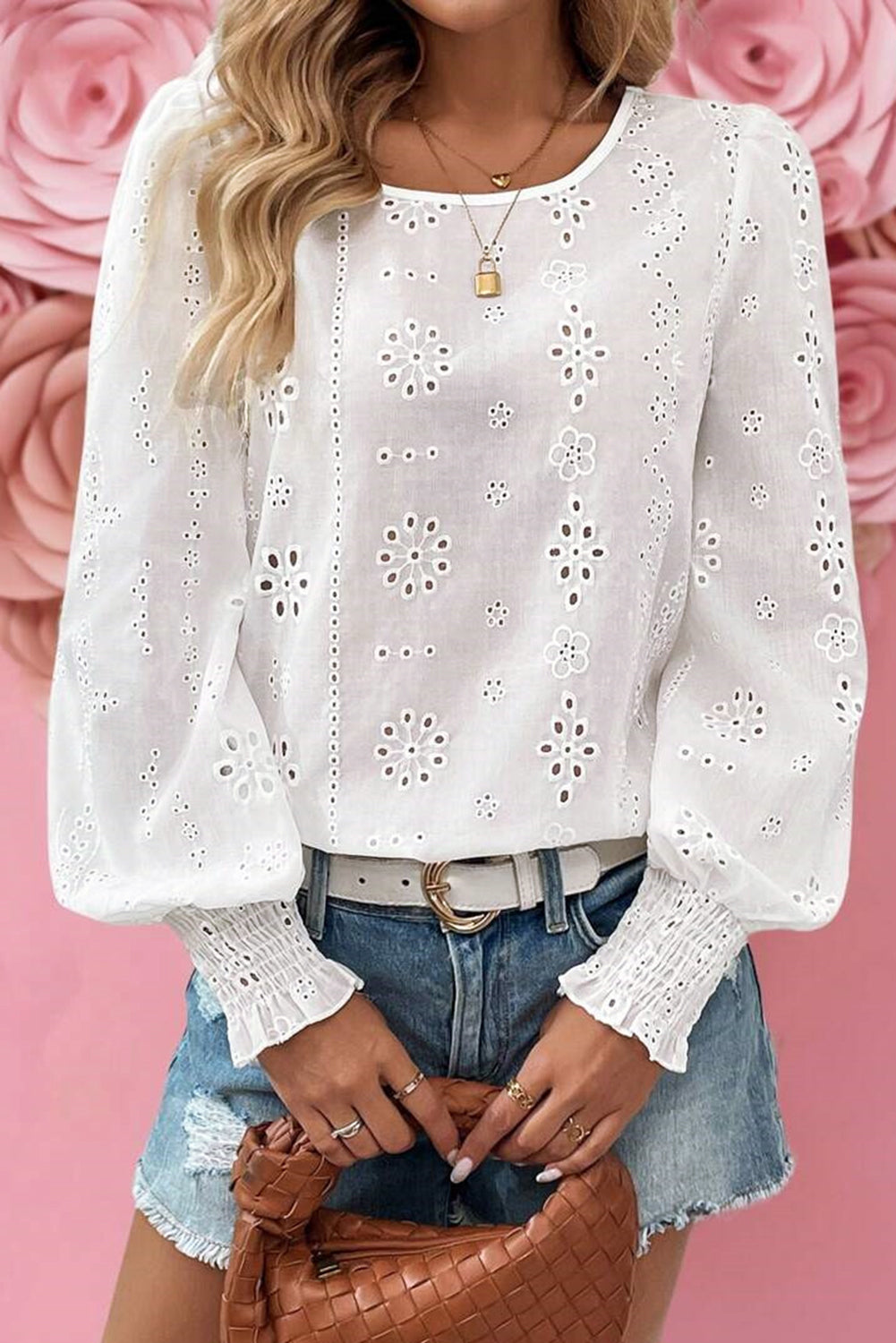 White Eyelet Embroidered Smocked Cuffs Blouse