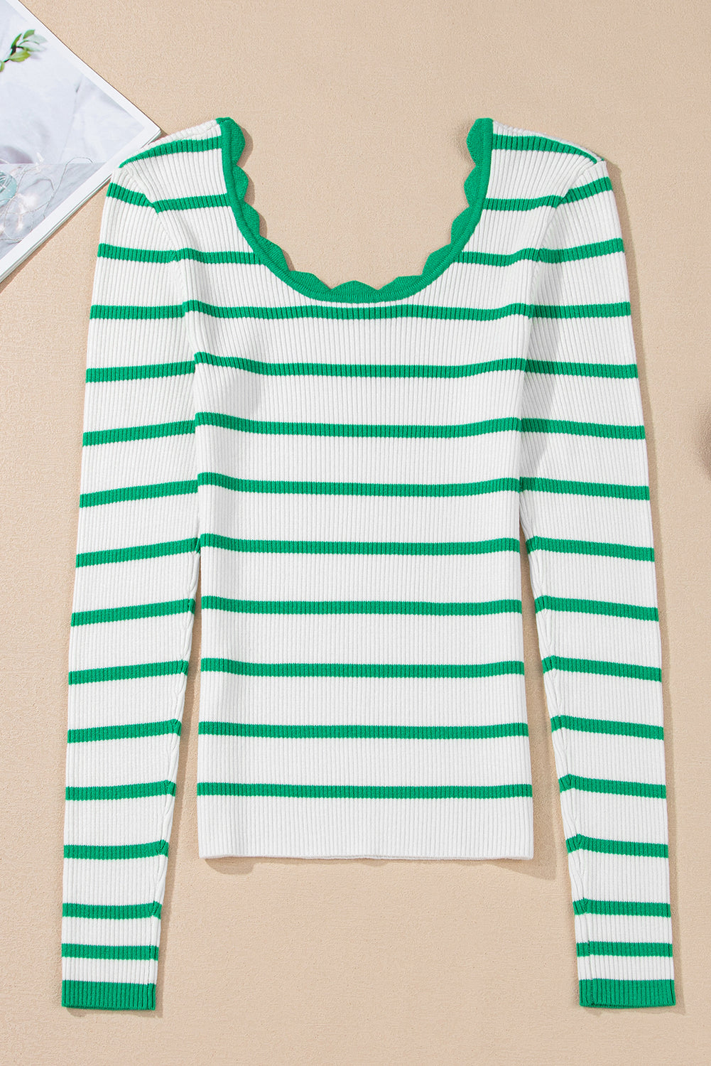 Bright Green Scalloped Edge Striped Long Sleeve  Sweater