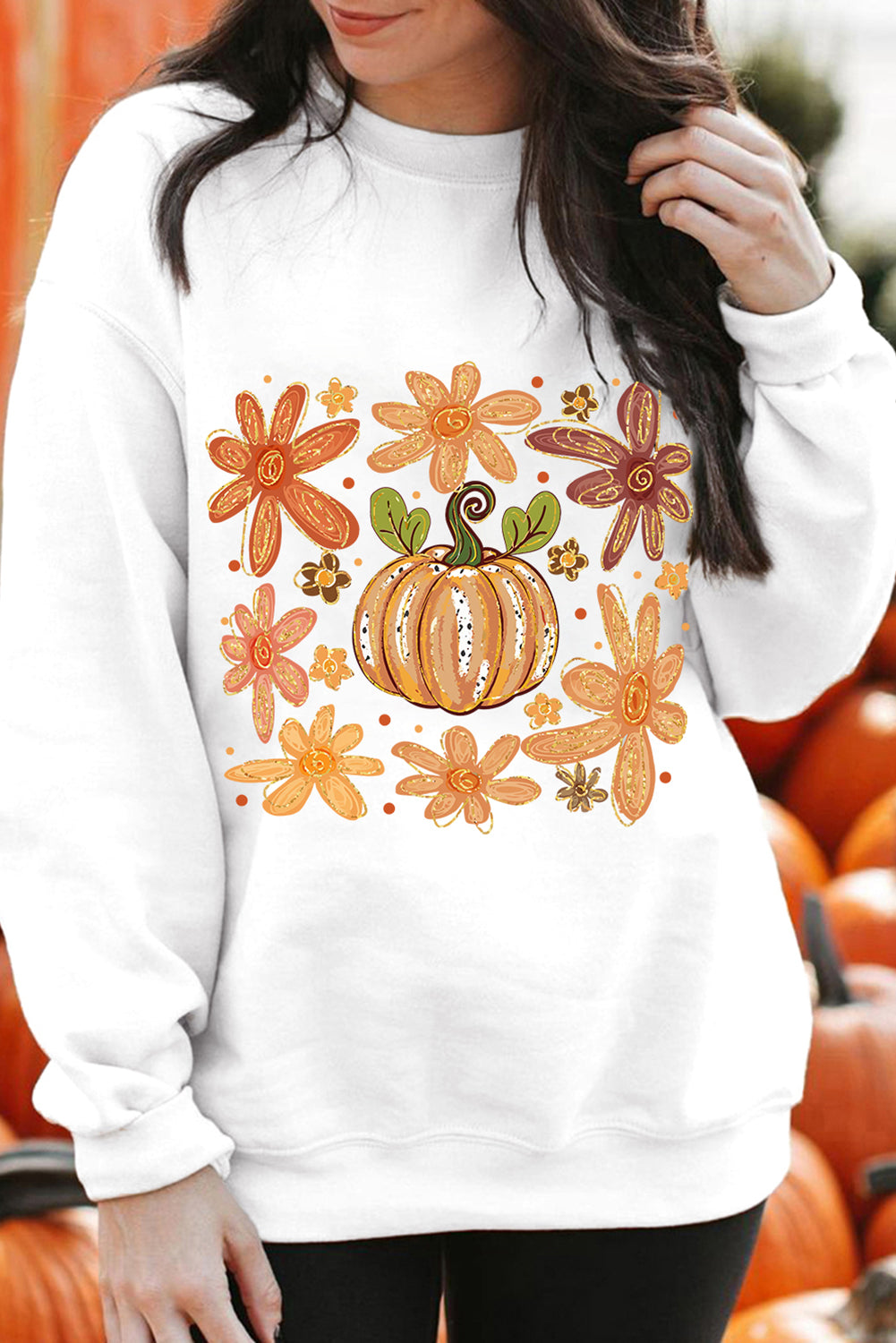 White Flower Pumpkin Printed Cotton Blend Sweatshirt