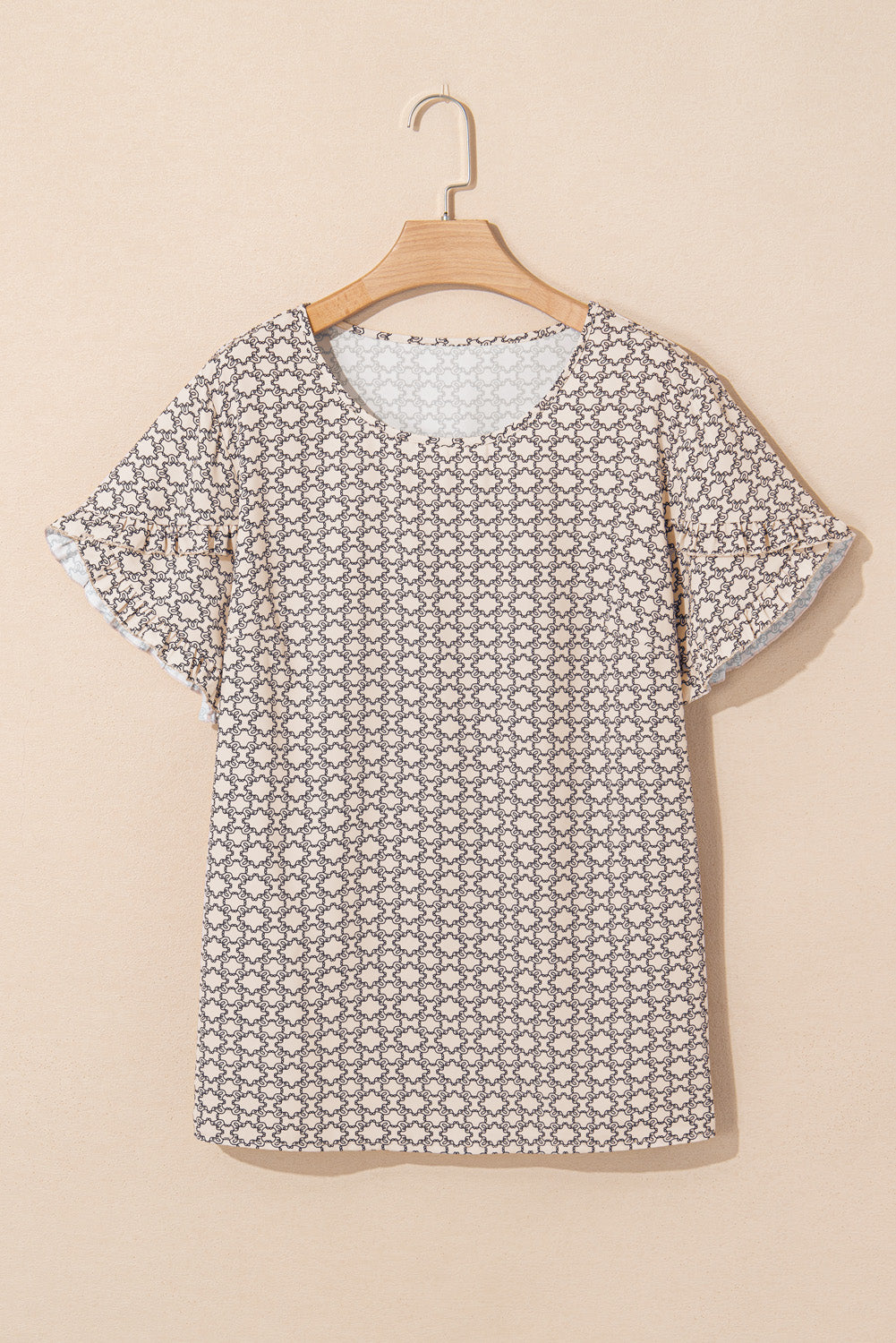 Khaki Geometric Print Frill Tulip Sleeve Plus Size Blouse