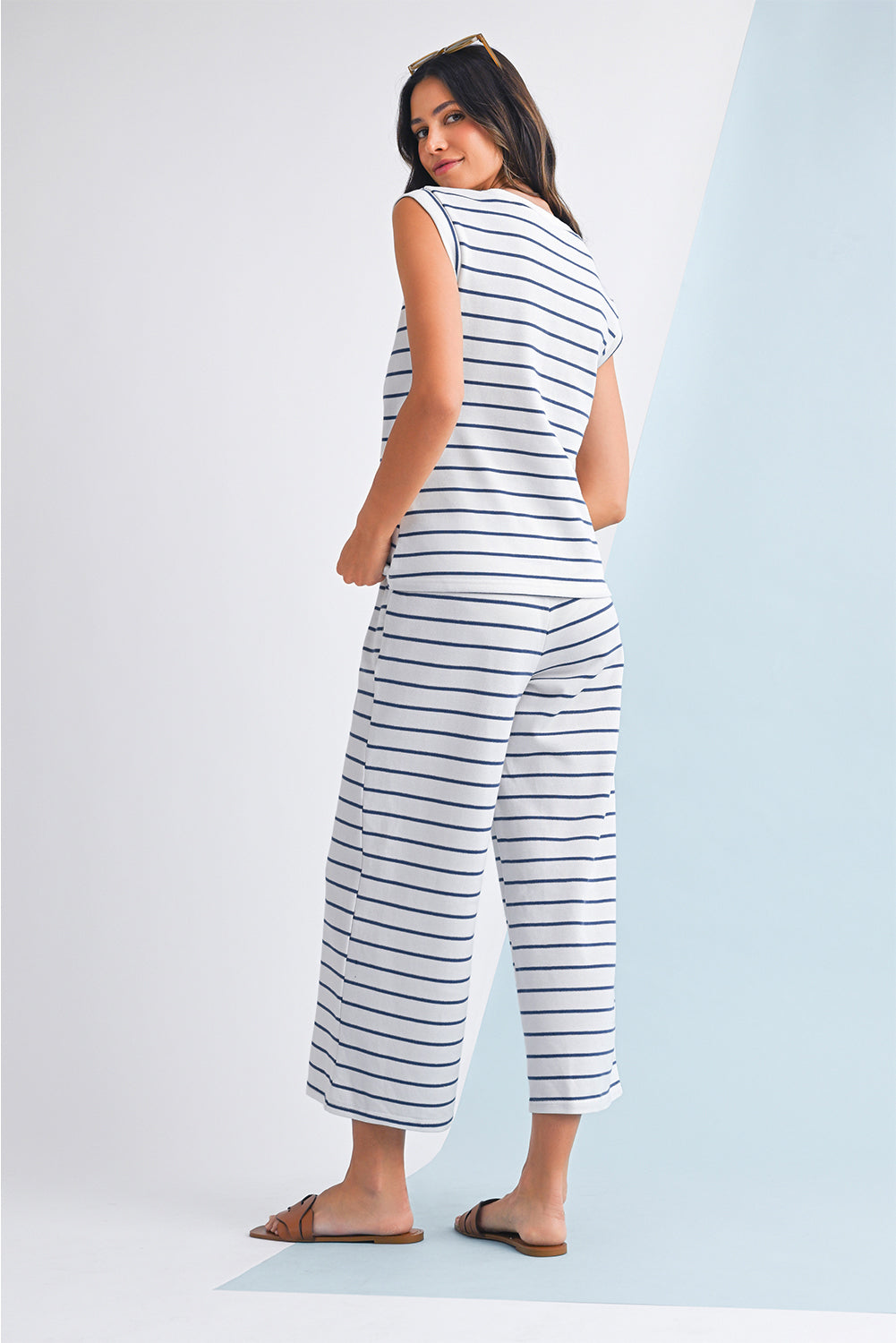 Sail Blue Casual Striped Tee and Wide Leg Pants Set