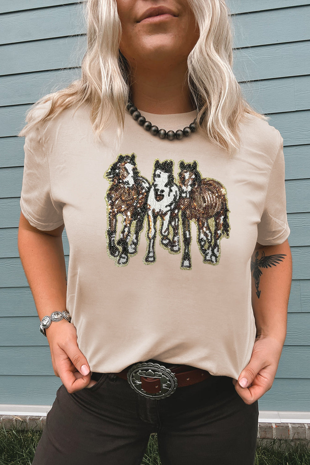 Khaki Sequin Horses Patched Casual Crewneck T Shirt
