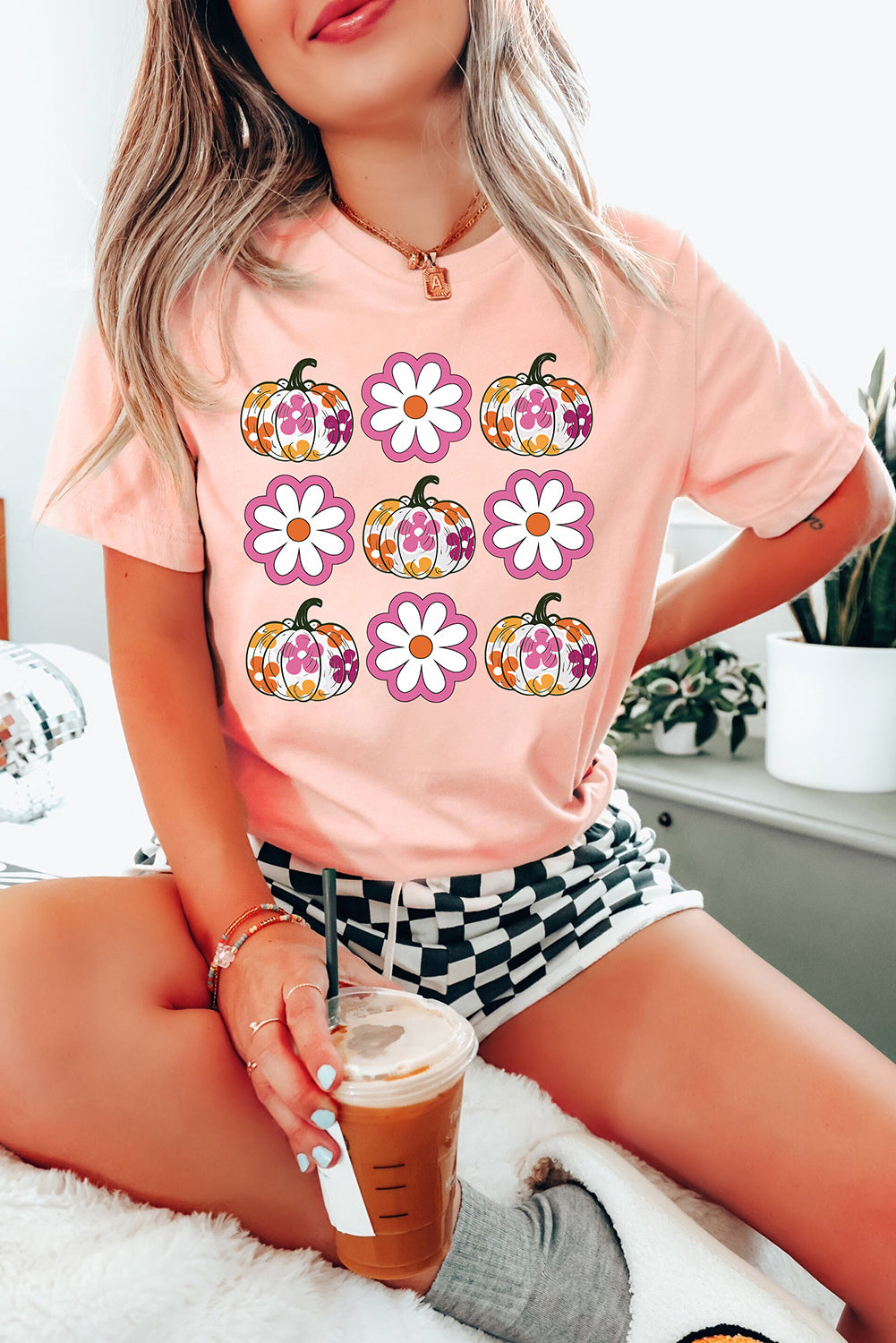 Pink Floral Pumpkin Thanksgiving Holiday Funny Graphic T Shirt