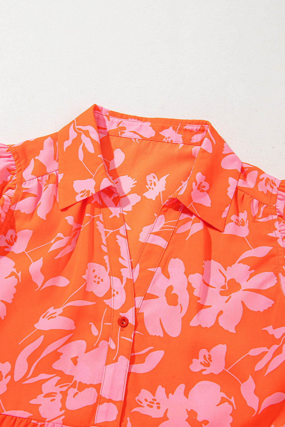 Orange Floral Print Collared Flutter Sleeve Blouse