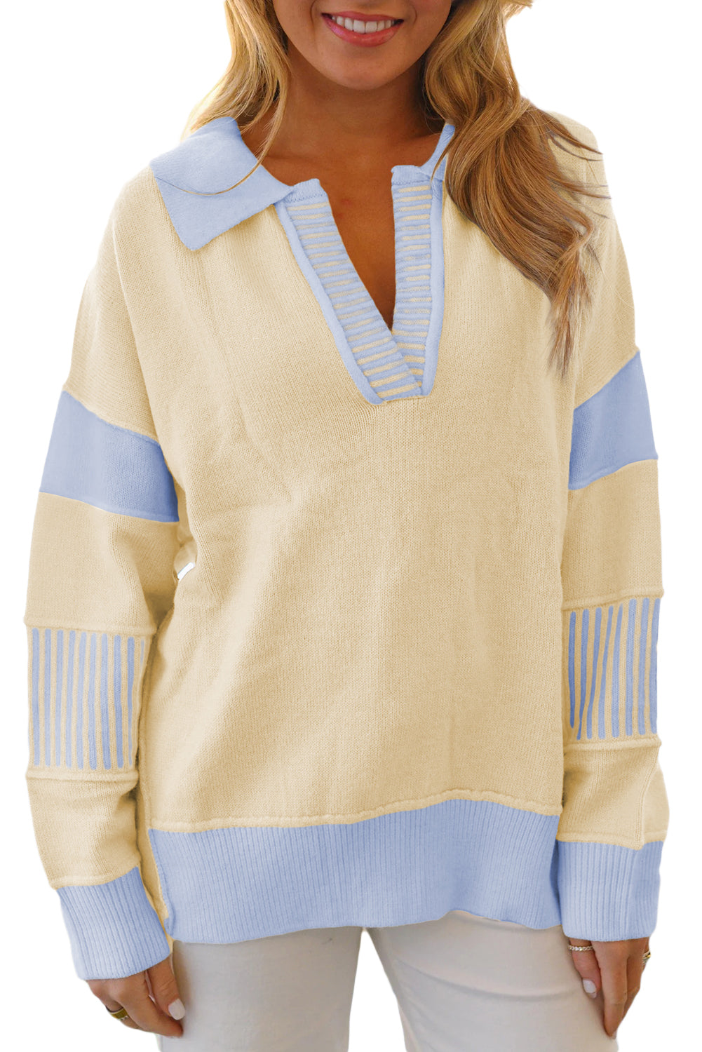 Sky Blue Striped V Neck Collared Colorblock Patchwork Sweater