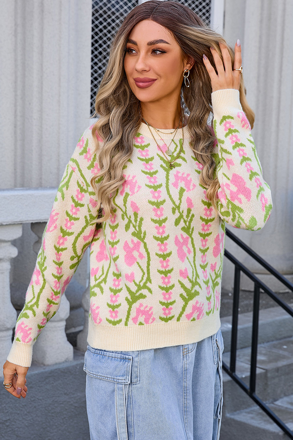 Beige Boho Floral Print Round Neck Sweater