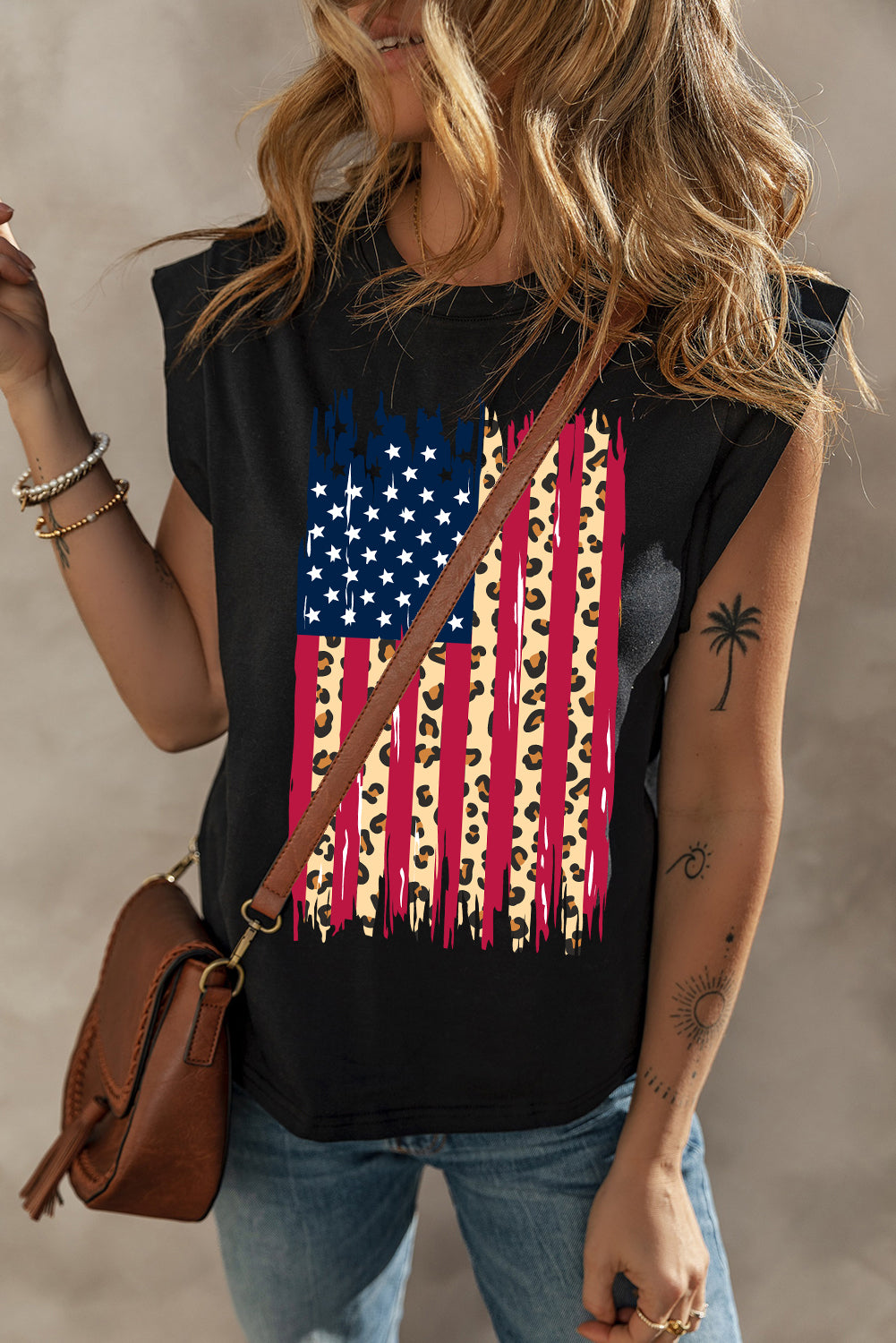Black Leopard USA Flag Printed Sleeveless Cotton Top