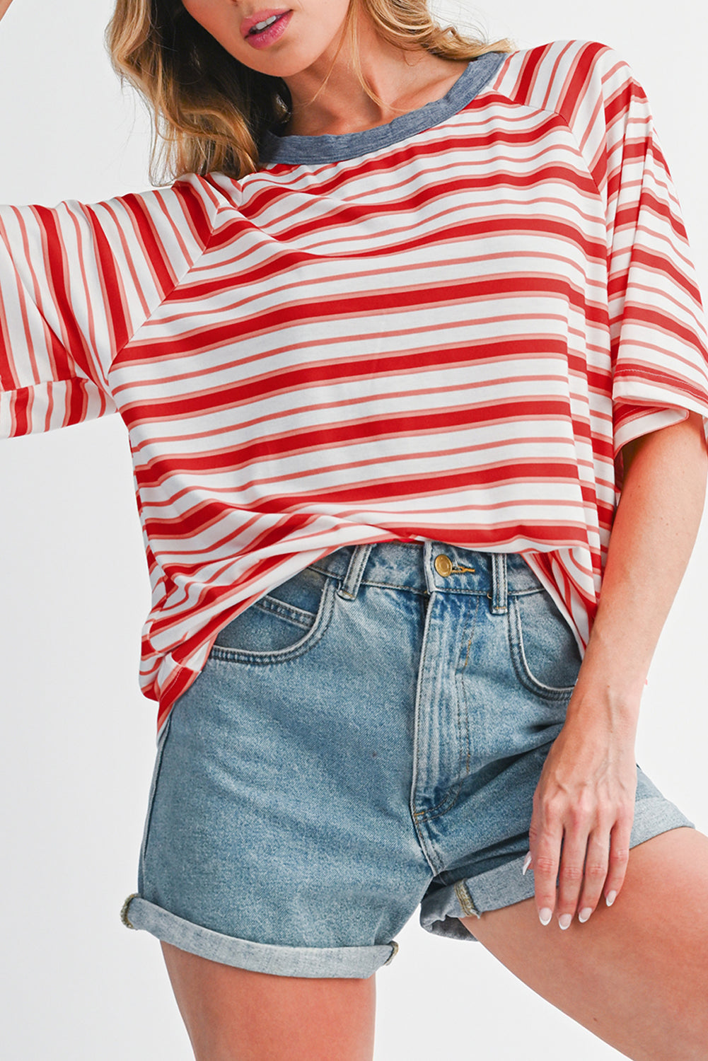 Tomato Red Striped Raglan Sleeve Contrast Neck T-Shirt