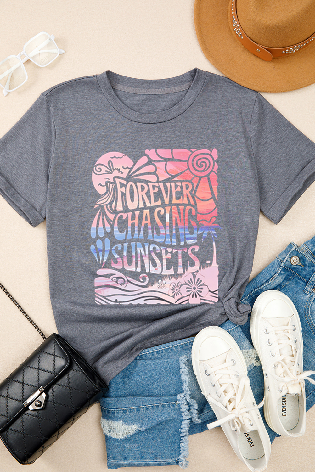 Gray FOREVER CHASING SUNSETS Graphic Summer T Shirt