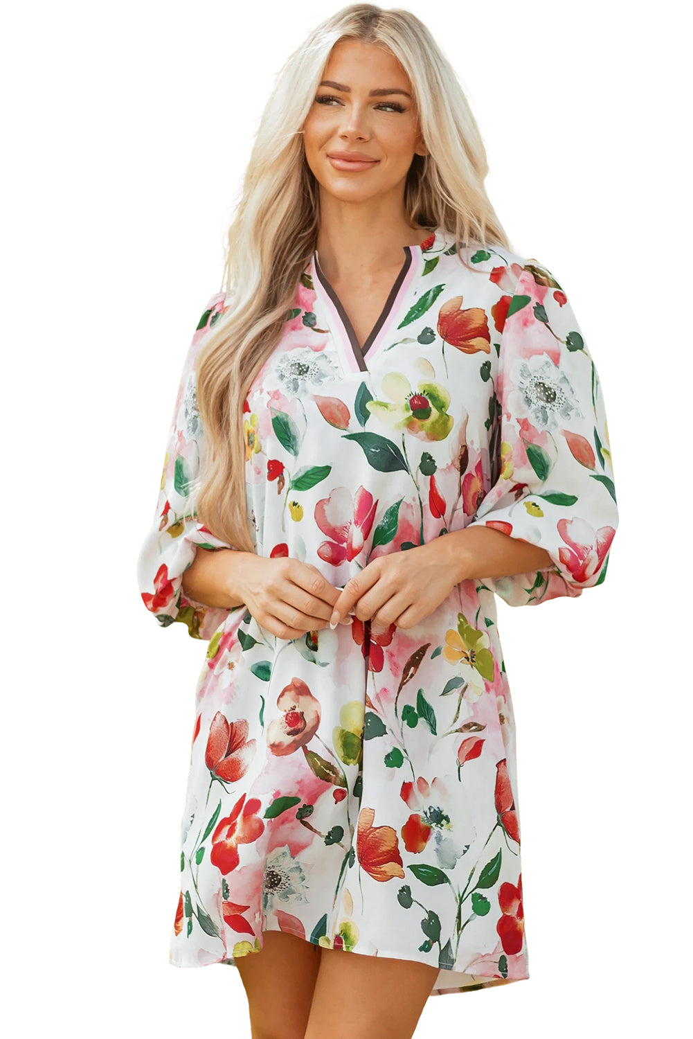Red Floral Contrast Striped V Neck Puff Half Sleeve Shift Dress