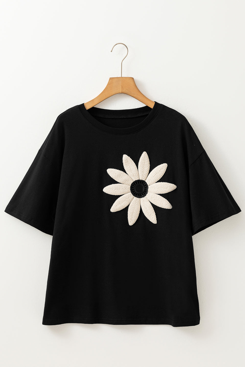 Black Contrast Crochet Floral Graphic Drop Shoulder Loose Tee
