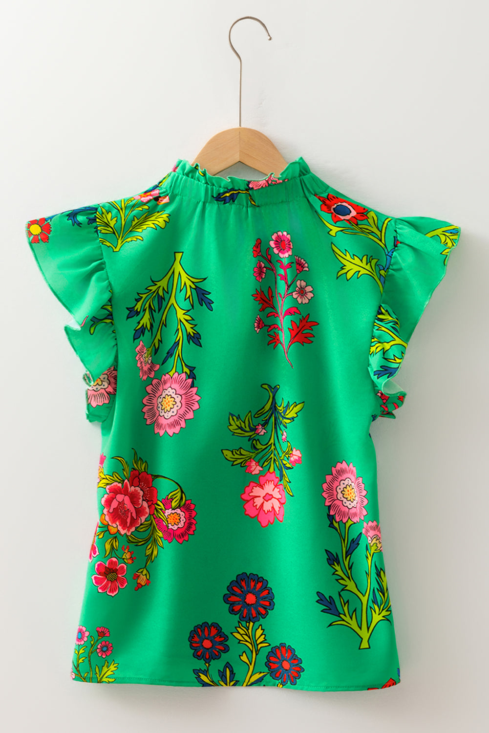 Green Floral Print Flutter Sleeve Frill Neck Blouse