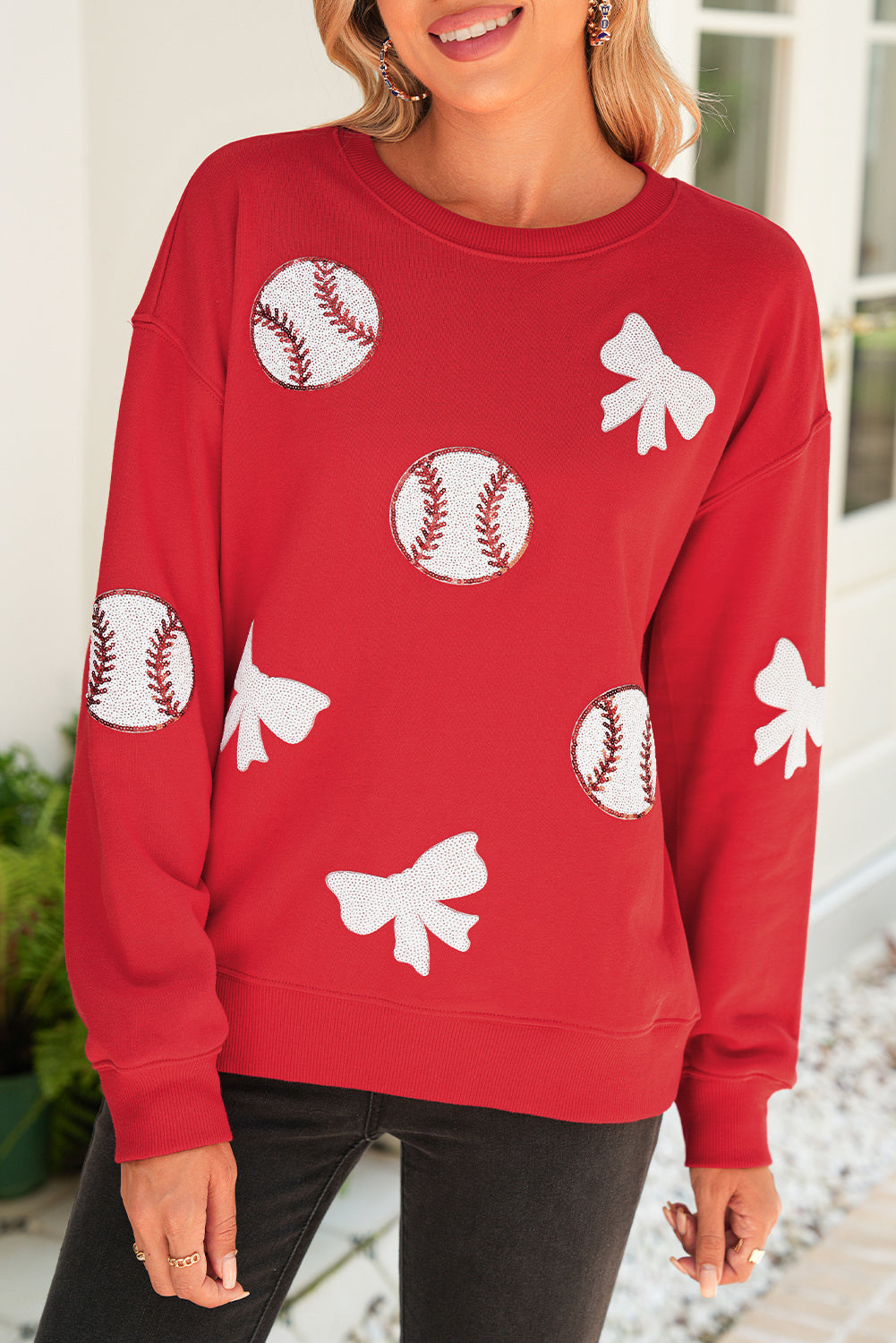 Red Sequin Bow and Baseball Graphic Game Day Fashion Sweatshirt