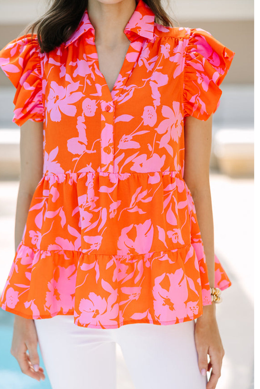 Orange Floral Print Collared Flutter Sleeve Blouse