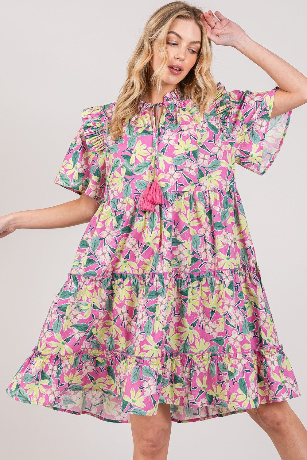 SAGE + FIG Floral Ruffle Short Sleeve Dress-0