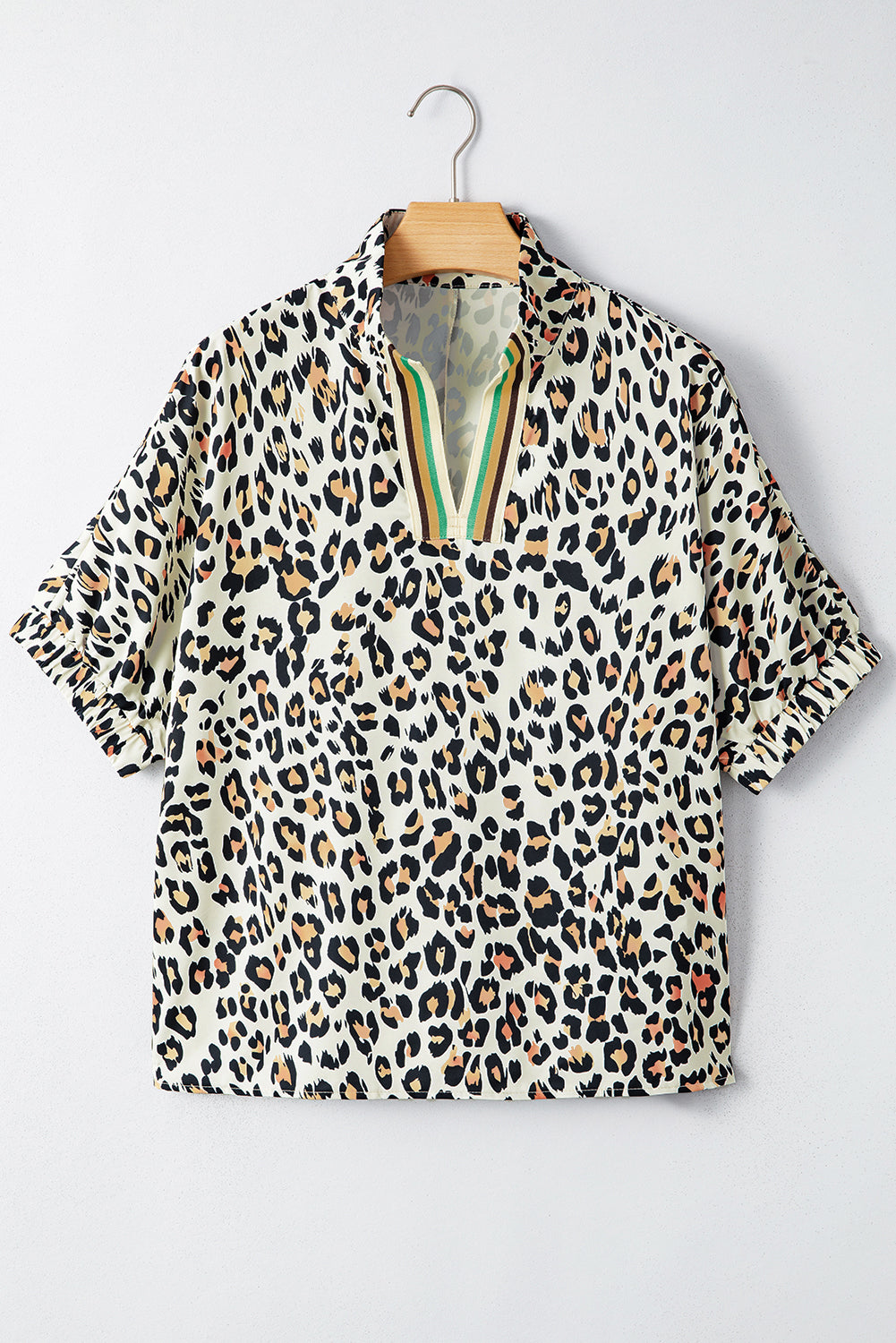 Khaki Pop of Color Neckline Loose Fit Leopard Print Blouse