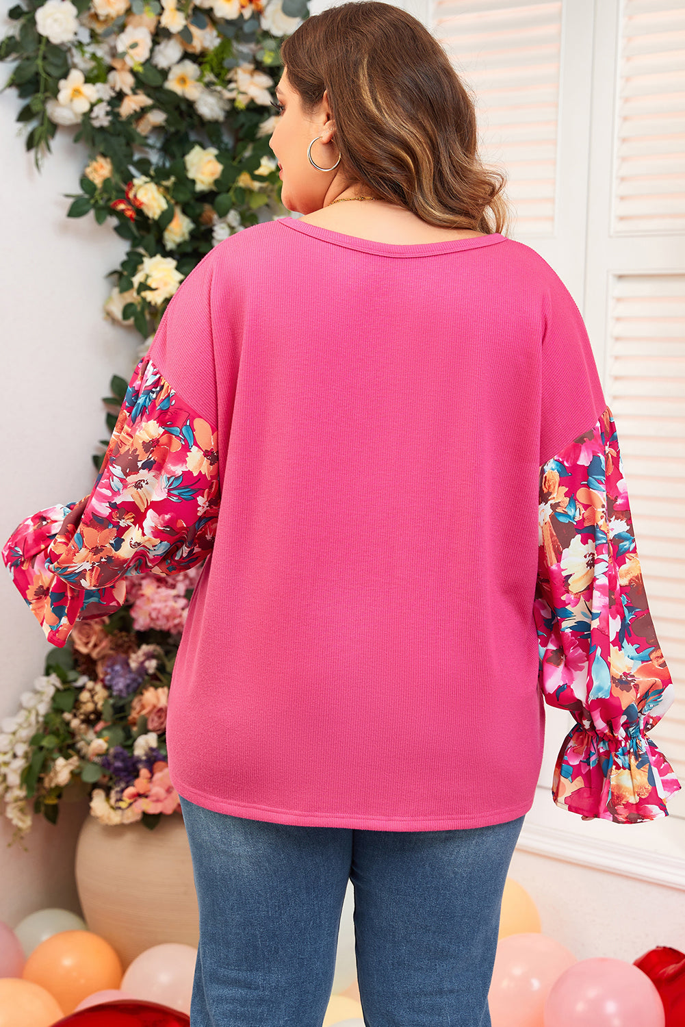 Bright Pink Floral Patchwork Flounce Sleeve Plus Knit Top