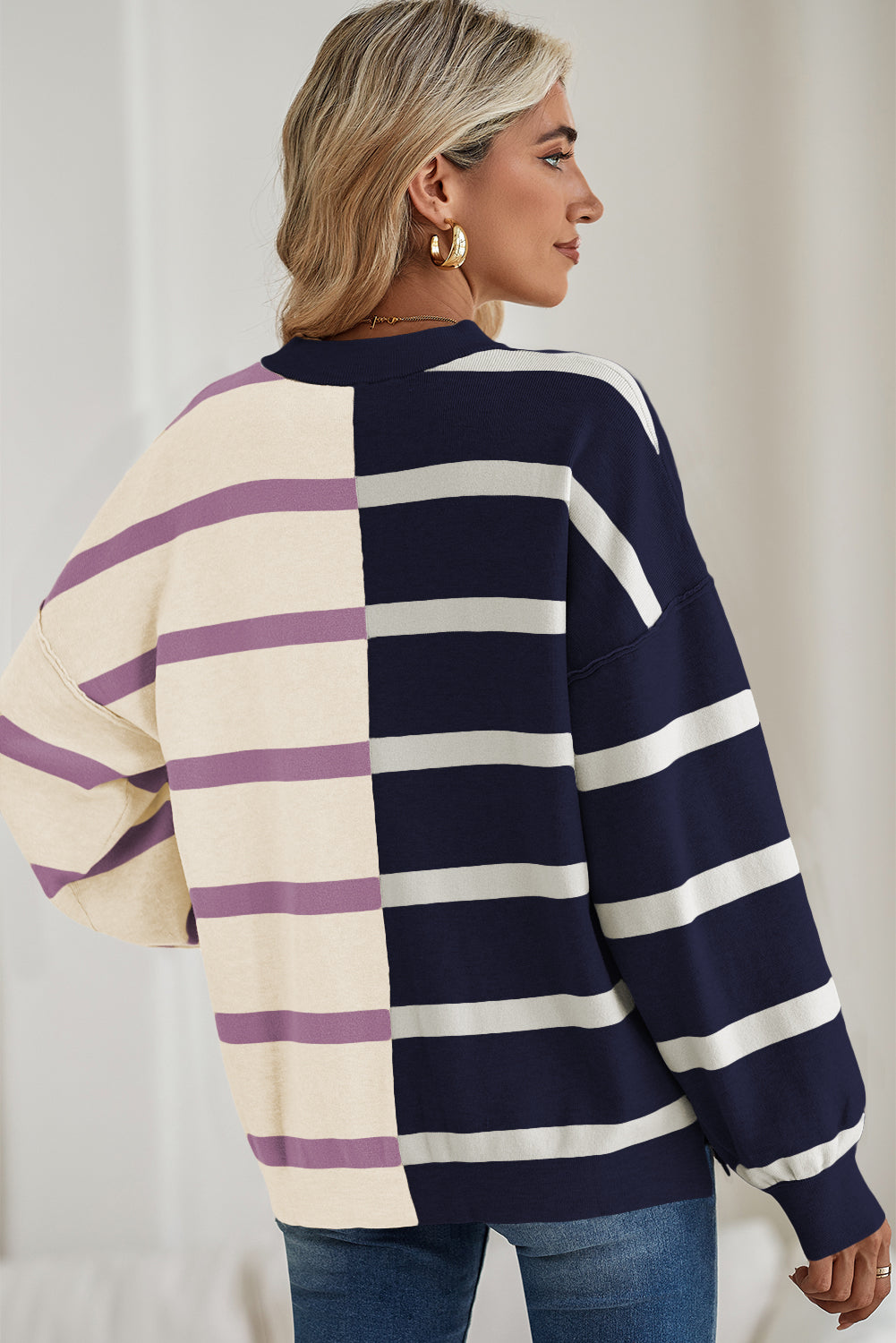 Blue Stripe Exposed Seam Patchwork Loose Sweater