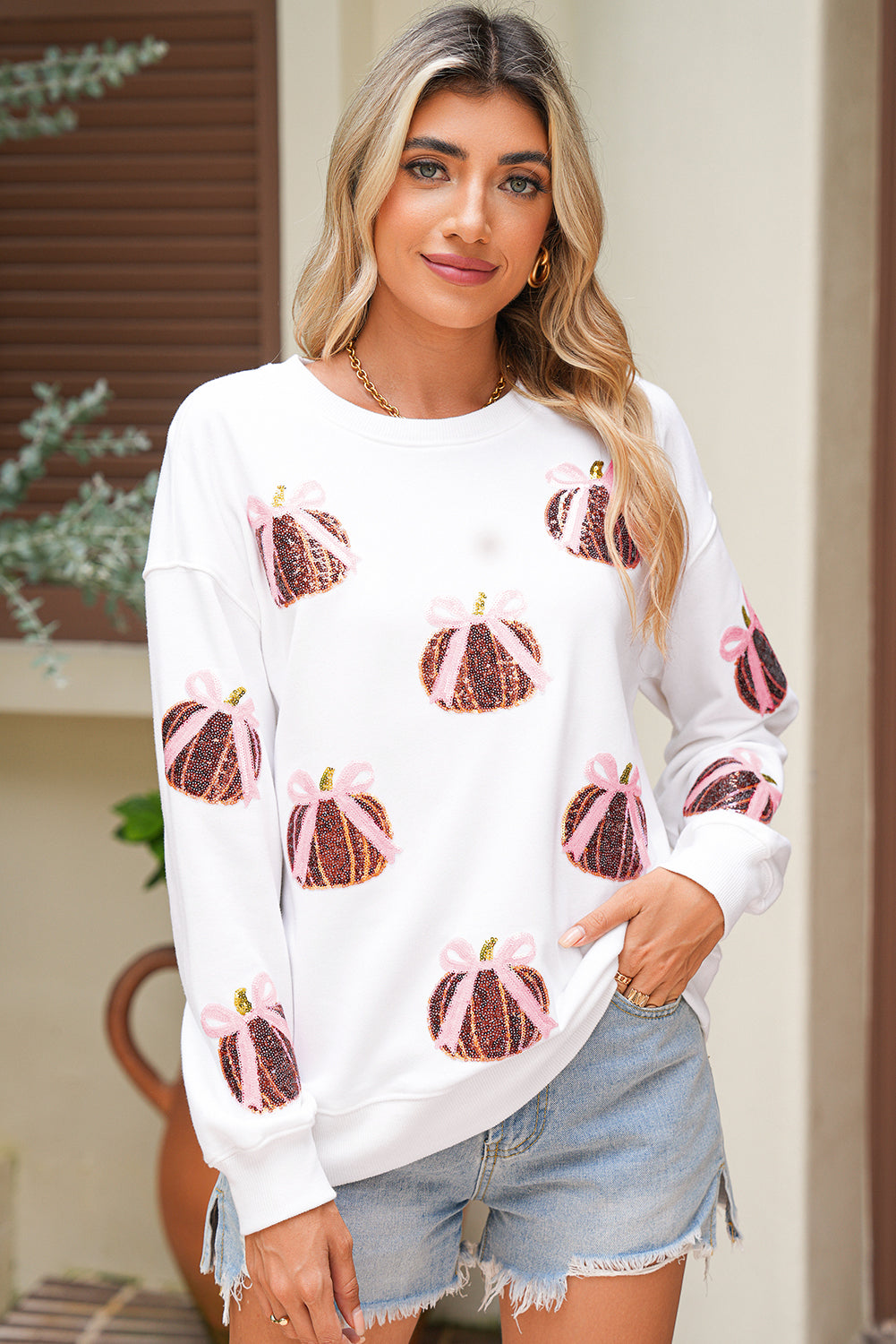 White Sequin Bow Pumpkin Patched Cotton Baggy Sweatshirt