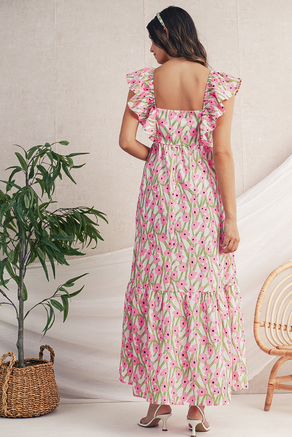 Pink Floral Print Square Neck Ruffled Strap Maxi Dress