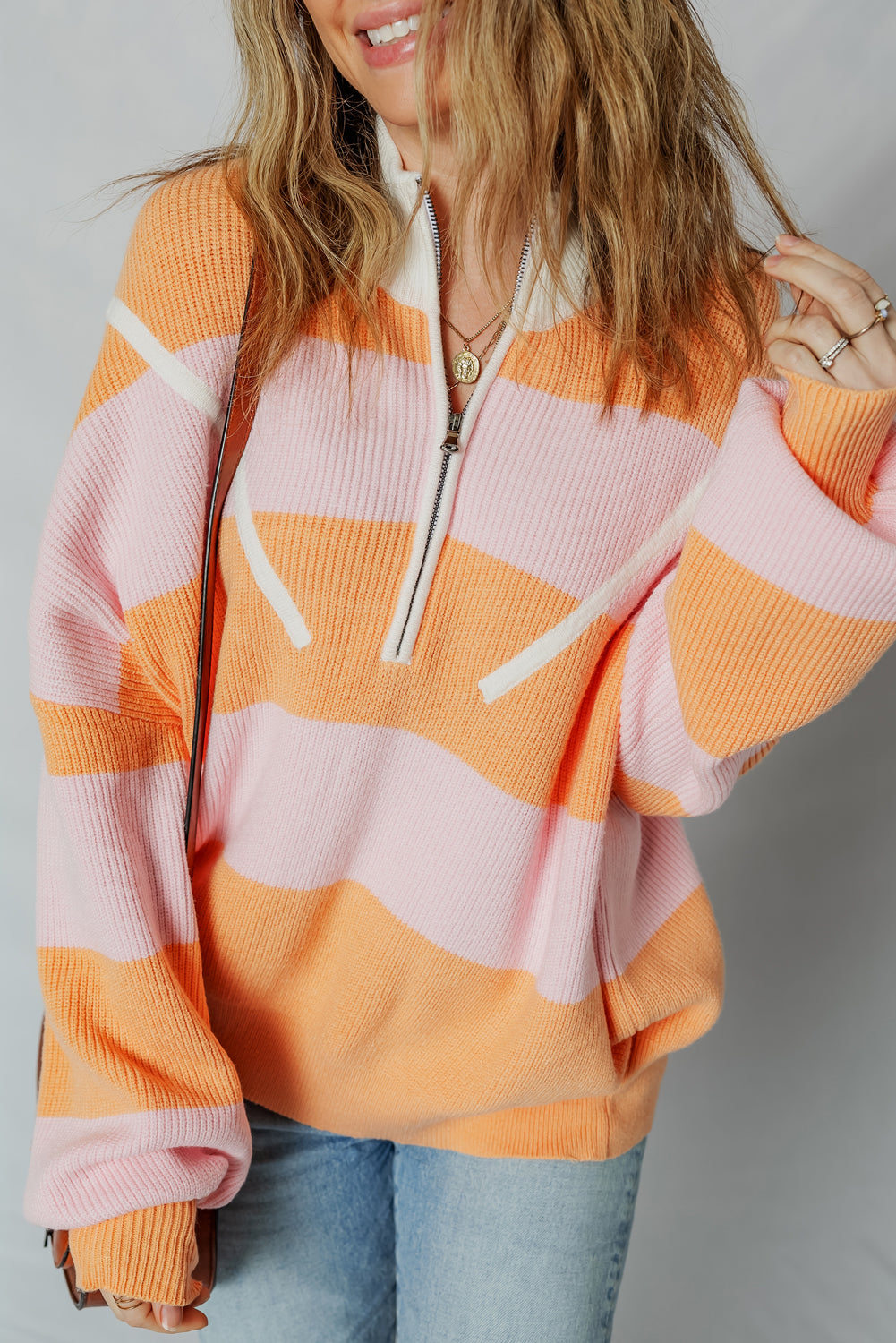Orange Stripe Half Zip Collar Loose Sweater
