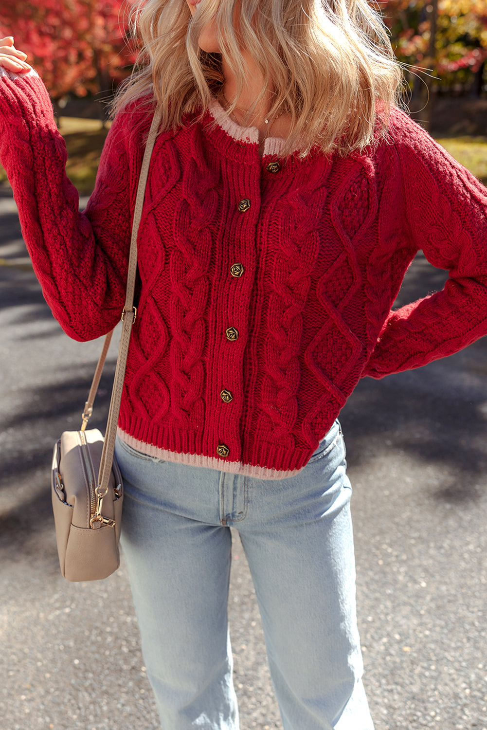 Racing Red Contrast Edge Twist Cable Knit Buttoned Cardigan
