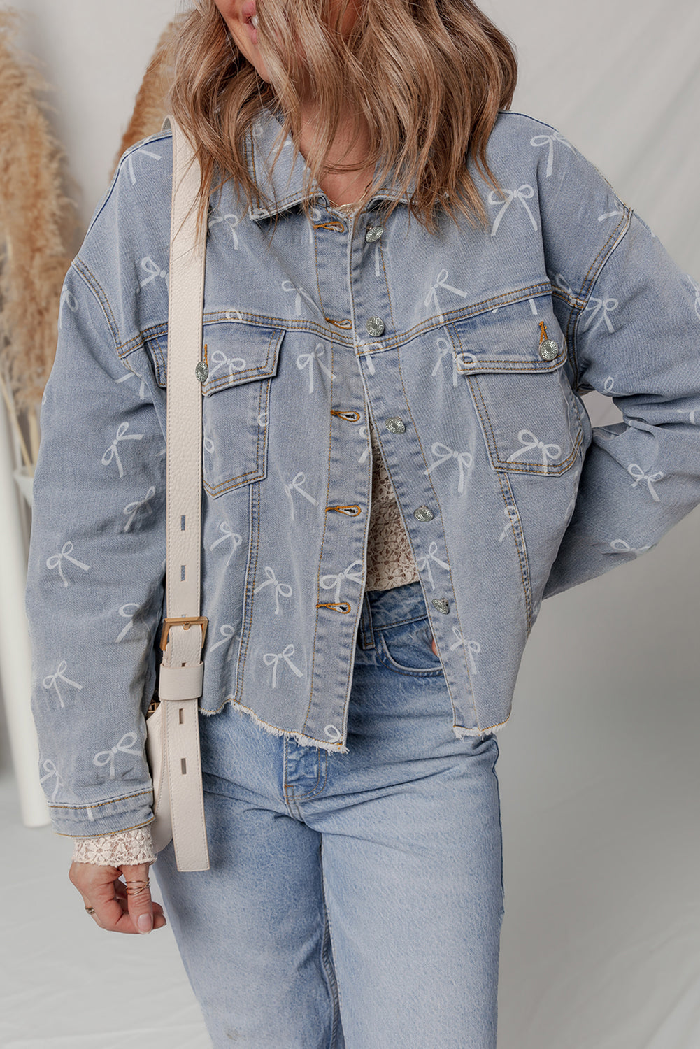 Sky Blue Bow Print Light Wash Raw Hem Denim Jacket