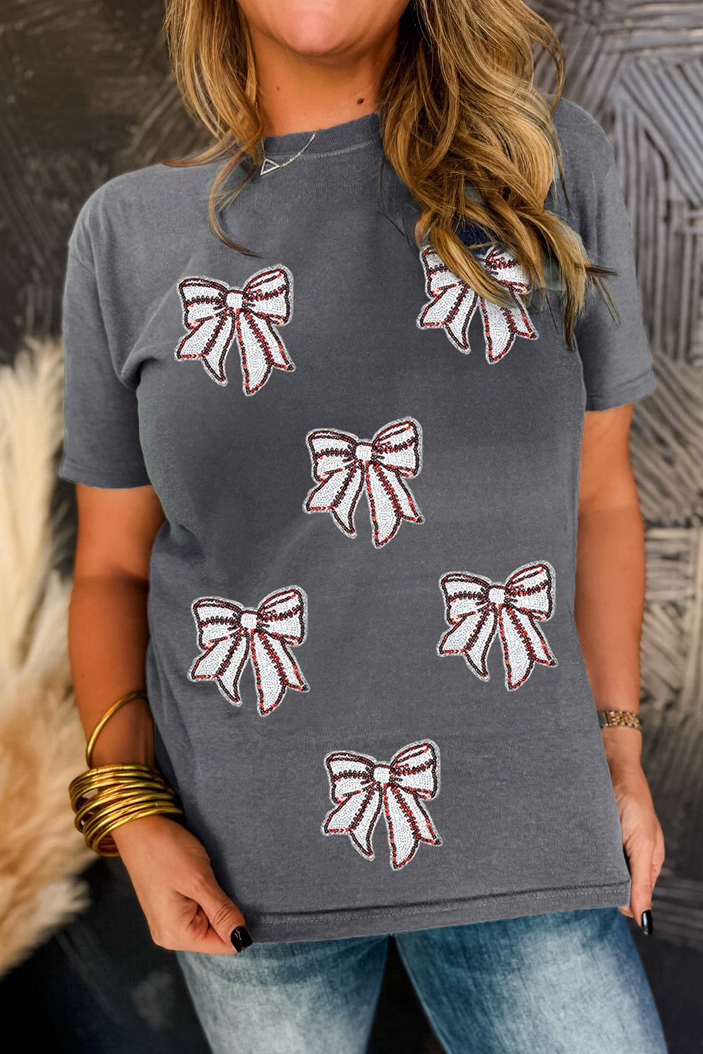 Gray Game Day Sequin Bow Fashion Graphic Tee
