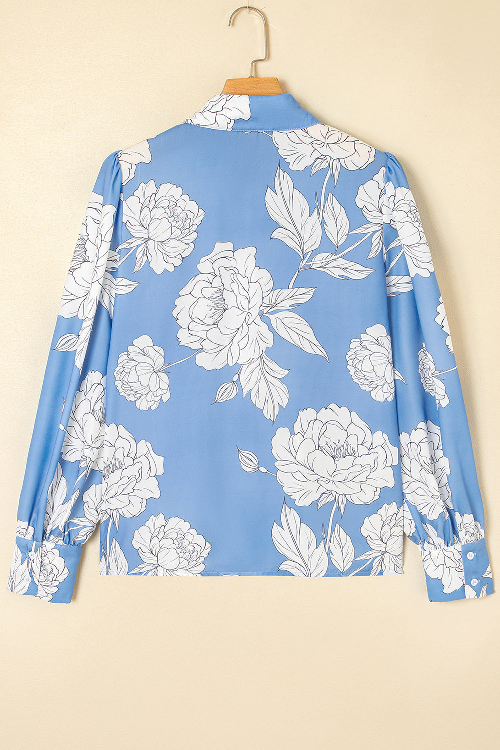 Sky Blue Floral Print Pleated Puff Sleeve Shirt
