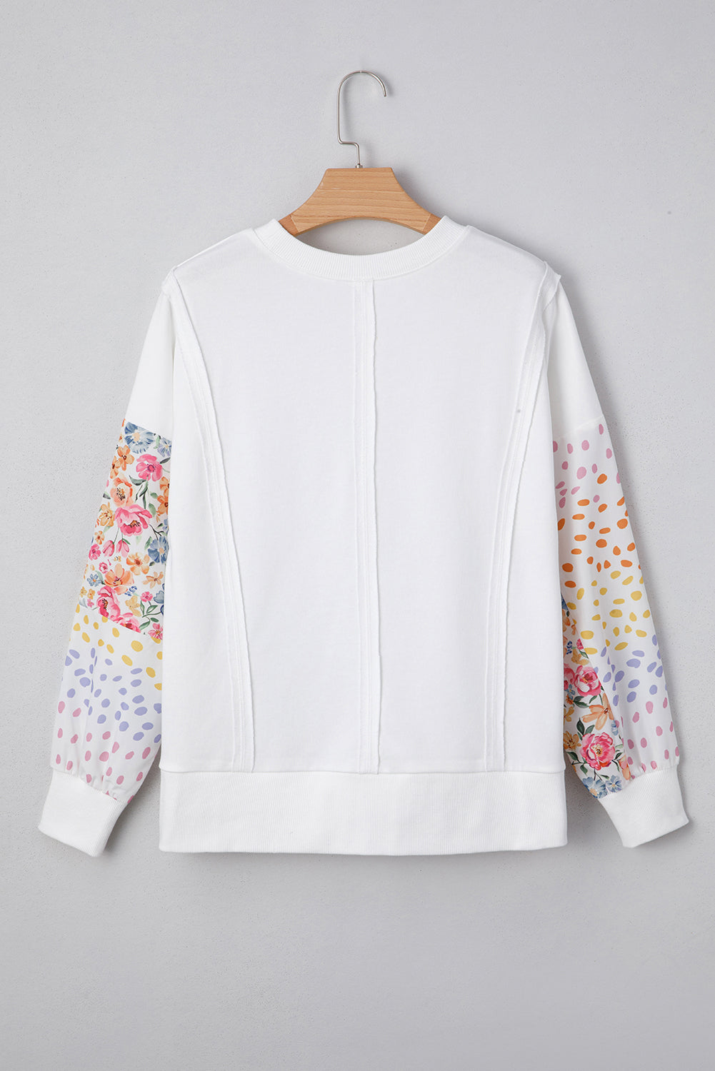 White Floral Dotted Print Patchwork Sleeve High Low Sweatshirt