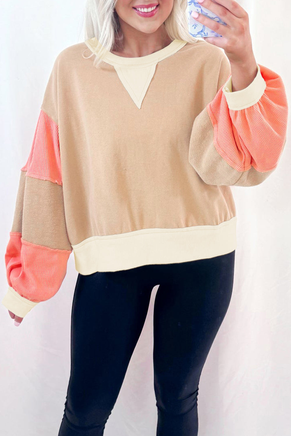 Light French Beige Waffle Textured Patchwork Pullover Sweatshirt