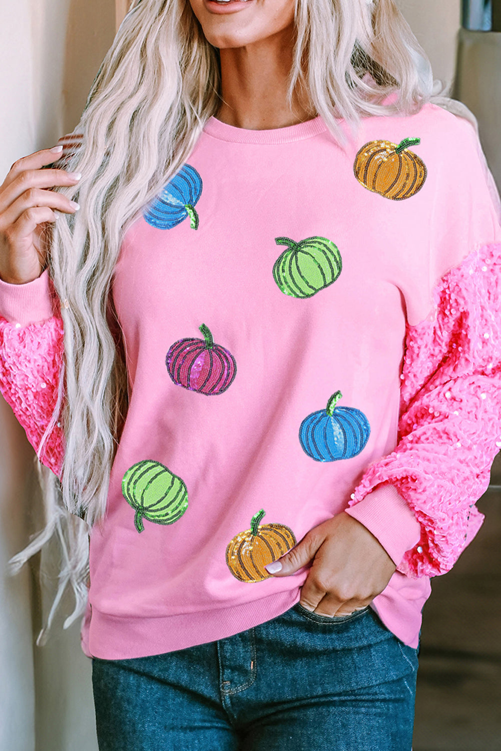 Pink Thanksgiving Halloween Pumpkin Pattern Sequin Sleeve Patchwork Pullover Top