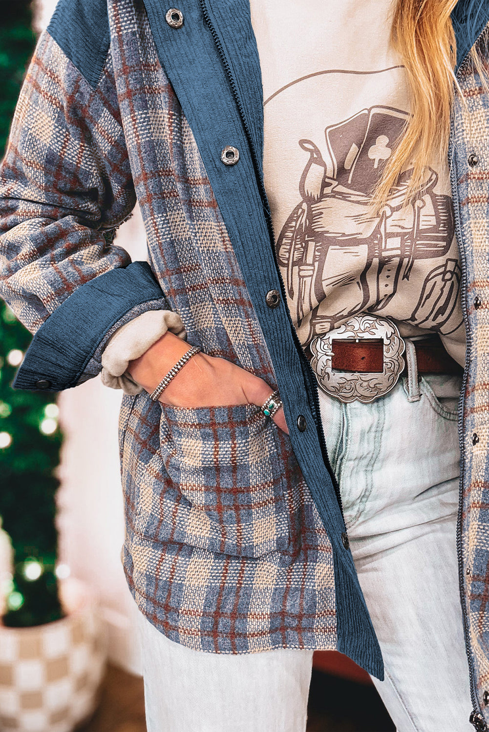 Gray Plaid Corduroy Patchwork Collared Zip Up Snap Button Jacket