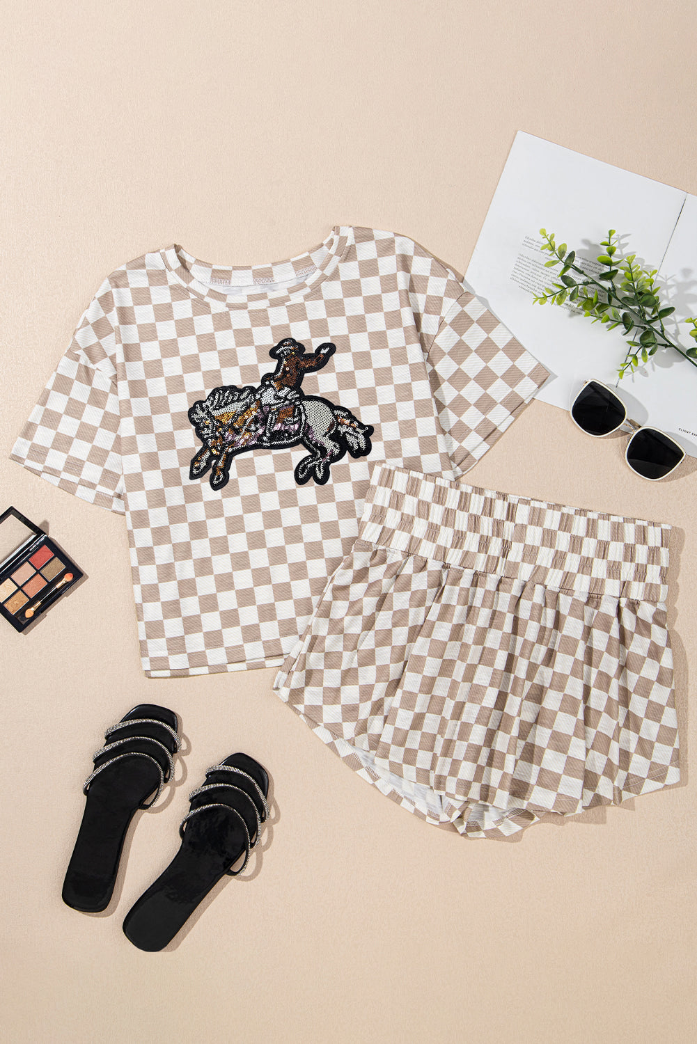 Brown Checkered Sequin Rodeo Graphic Cropped Tee and Skort Set