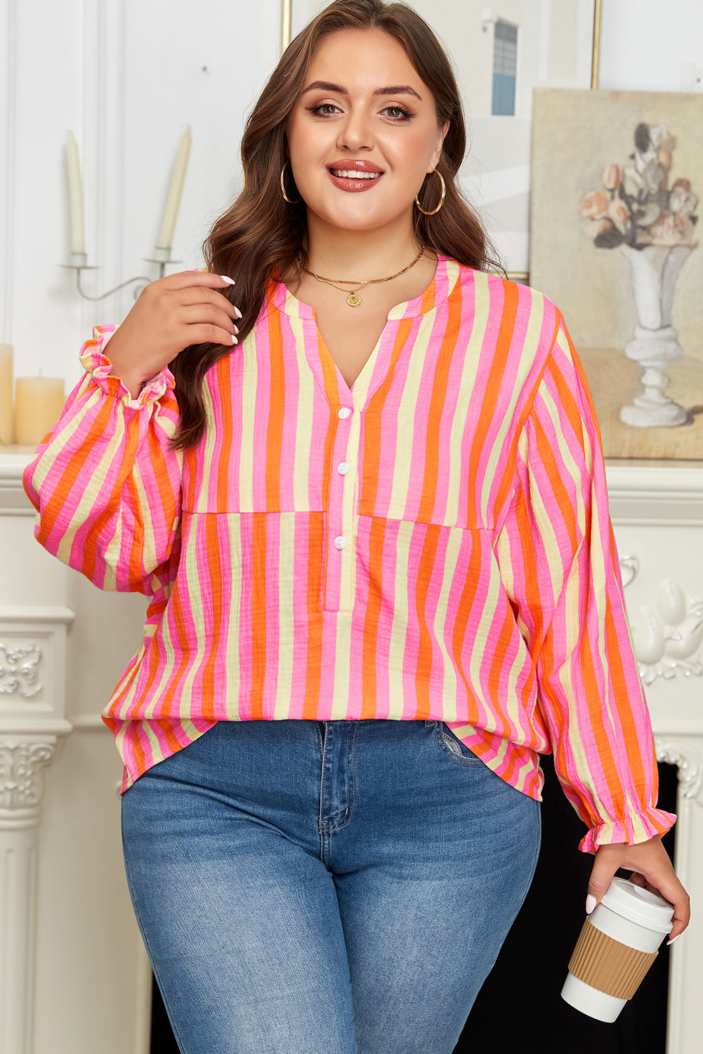 Pink Stripe Crinkled Half Buttons V Neck Plus Size Blouse