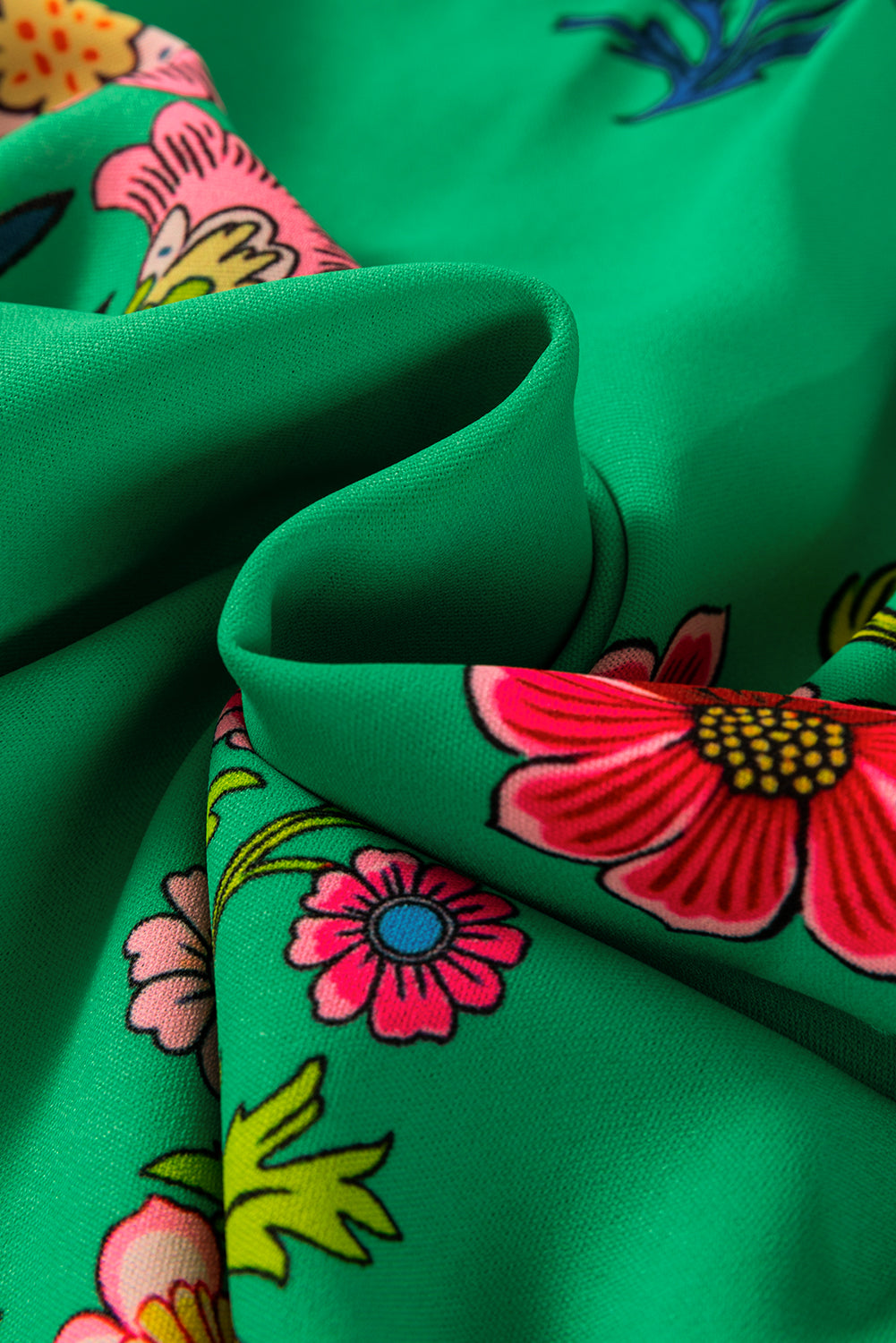 Green Floral Print Flutter Sleeve Frill Neck Blouse