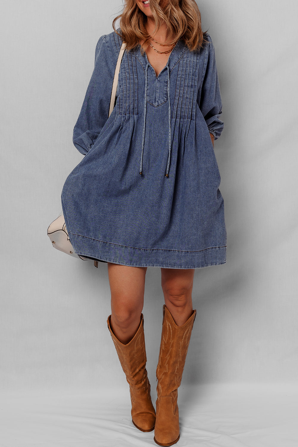 Sail Blue Pleated V Neck 3/4 Sleeve Denim Mini Dress